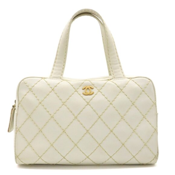 Authentic CHANEL CC Wild Stitch Vintage Quilted Bowler Hand Bag Tote Lambskin - Picture 1 of 11